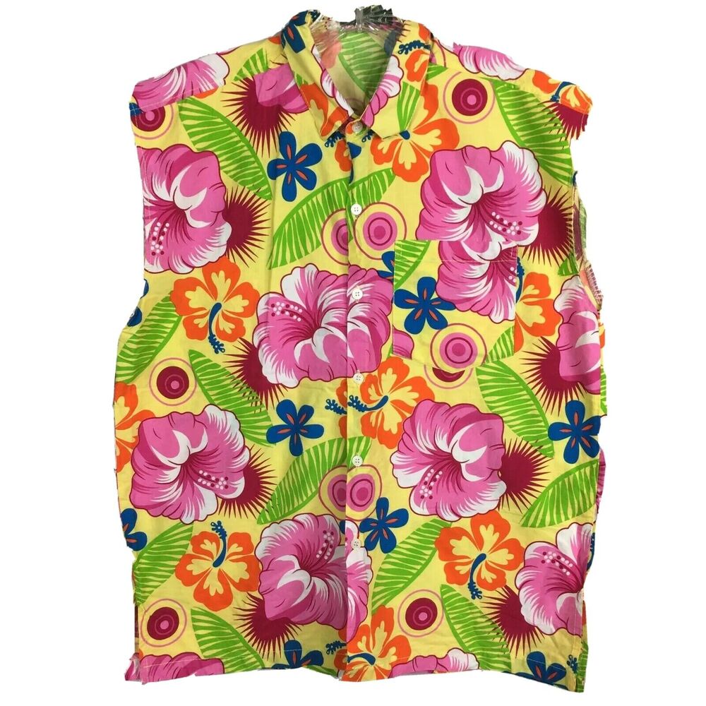Orlando Shirt Mens Sz L Yellow Vibrant Tropical Floral Sleeveless Button Up